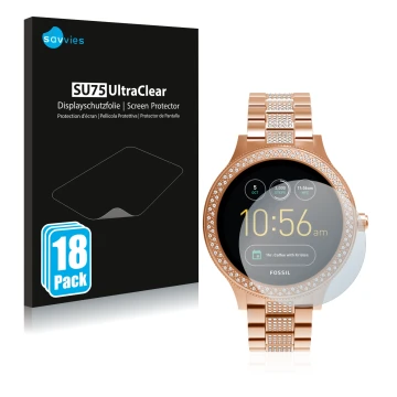 Parte frontale di una confezione del prodotto con il logo del marchio Savvies. Accanto è raffigurato il dispositivo Fossil Q V