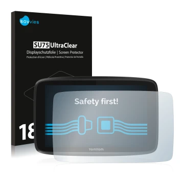 Parte frontale di una confezione del prodotto con il logo del marchio Savvies. Accanto è raffigurato il dispositivo TomTom GO 