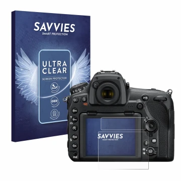 Parte frontale di una confezione del prodotto con il logo del marchio Savvies. Accanto è raffigurato il dispositivo Nikon D850
