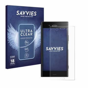 Parte frontale di una confezione del prodotto con il logo del marchio Savvies. Accanto è raffigurato il dispositivo Sony Xperi