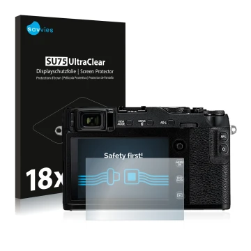 Parte frontale di una confezione del prodotto con il logo del marchio Savvies. Accanto è raffigurato il dispositivo Fujifilm X