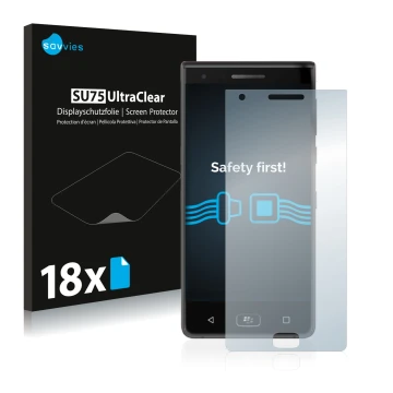 Parte frontale di una confezione del prodotto con il logo del marchio Savvies. Accanto è raffigurato il dispositivo BlackBerry