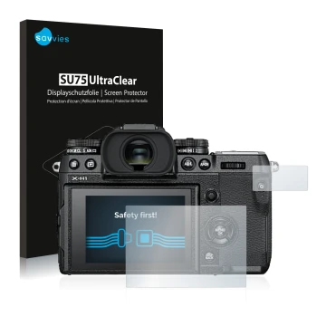 Parte frontale di una confezione del prodotto con il logo del marchio Savvies. Accanto è raffigurato il dispositivo Fujifilm X