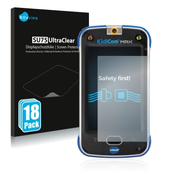 Parte frontale di una confezione del prodotto con il logo del marchio Savvies. Accanto è raffigurato il dispositivo Vtech Kidi