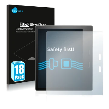 Parte frontale di una confezione del prodotto con il logo del marchio Savvies. Accanto è raffigurato il dispositivo Amazon Kin