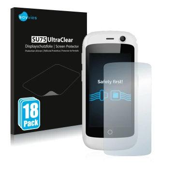 Parte frontale di una confezione del prodotto con il logo del marchio Savvies. Accanto è raffigurato il dispositivo Unihertz J