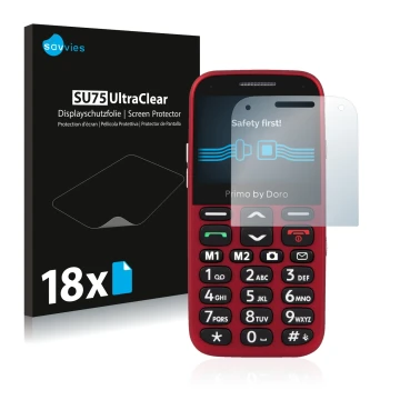 Parte frontale di una confezione del prodotto con il logo del marchio Savvies. Accanto è raffigurato il dispositivo Doro Primo