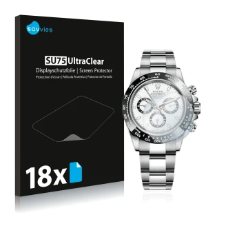 Parte frontale di una confezione del prodotto con il logo del marchio Savvies. Accanto è raffigurato il dispositivo Rolex Cosm