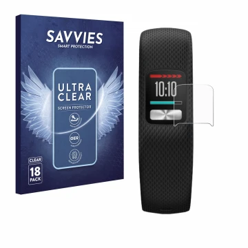 Parte frontale di una confezione del prodotto con il logo del marchio Savvies. Accanto è raffigurato il dispositivo Garmin Viv