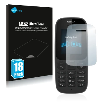 Parte frontale di una confezione del prodotto con il logo del marchio Savvies. Accanto è raffigurato il dispositivo Nokia 105 