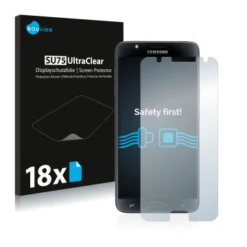 Parte frontale di una confezione del prodotto con il logo del marchio Savvies. Accanto è raffigurato il dispositivo Samsung Ga