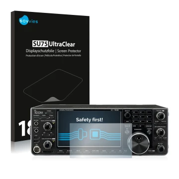 Parte frontale di una confezione del prodotto con il logo del marchio Savvies. Accanto è raffigurato il dispositivo Icom IC-76