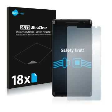 Parte frontale di una confezione del prodotto con il logo del marchio Savvies. Accanto è raffigurato il dispositivo Nokia 8 Si