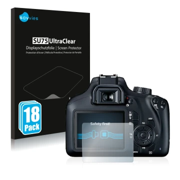 Parte frontale di una confezione del prodotto con il logo del marchio Savvies. Accanto è raffigurato il dispositivo Canon EOS 