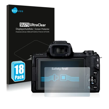 Parte frontale di una confezione del prodotto con il logo del marchio Savvies. Accanto è raffigurato il dispositivo Canon EOS 