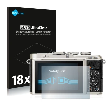 Parte frontale di una confezione del prodotto con il logo del marchio Savvies. Accanto è raffigurato il dispositivo Olympus PE