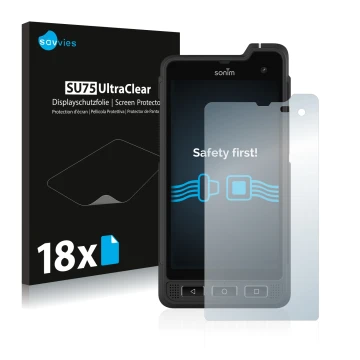 Parte frontale di una confezione del prodotto con il logo del marchio Savvies. Accanto è raffigurato il dispositivo Sonim XP8 