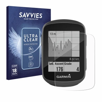 Parte frontale di una confezione del prodotto con il logo del marchio Savvies. Accanto è raffigurato il dispositivo Garmin Edg