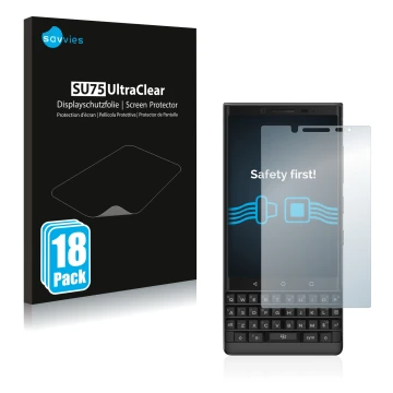 Parte frontale di una confezione del prodotto con il logo del marchio Savvies. Accanto è raffigurato il dispositivo BlackBerry