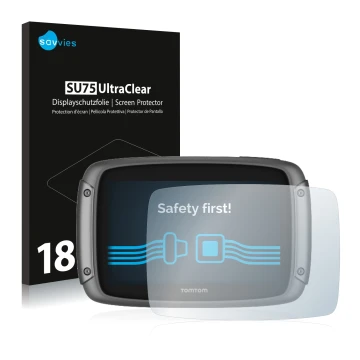 Parte frontale di una confezione del prodotto con il logo del marchio Savvies. Accanto è raffigurato il dispositivo TomTom Rid