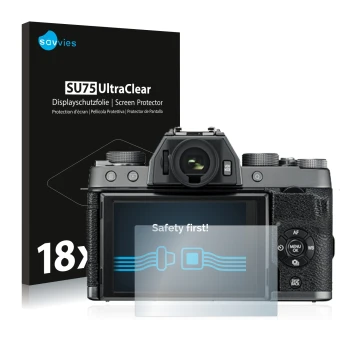 Parte frontale di una confezione del prodotto con il logo del marchio Savvies. Accanto è raffigurato il dispositivo Fujifilm X