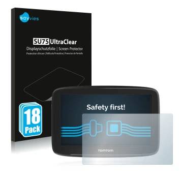 Parte frontale di una confezione del prodotto con il logo del marchio Savvies. Accanto è raffigurato il dispositivo TomTom GO 