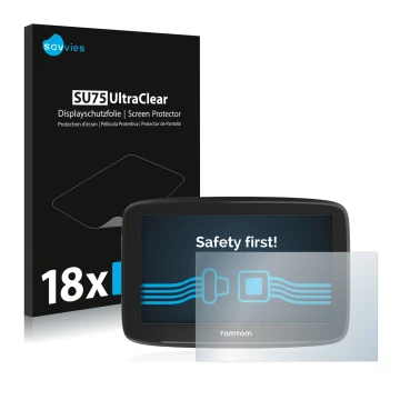 Parte frontale di una confezione del prodotto con il logo del marchio Savvies. Accanto è raffigurato il dispositivo TomTom GO 