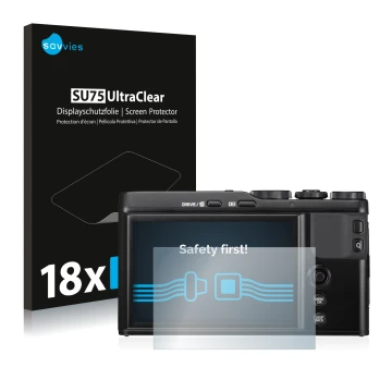 Parte frontale di una confezione del prodotto con il logo del marchio Savvies. Accanto è raffigurato il dispositivo Fujifilm X