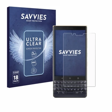Parte frontale di una confezione del prodotto con il logo del marchio Savvies. Accanto è raffigurato il dispositivo BlackBerry