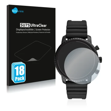 Parte frontale di una confezione del prodotto con il logo del marchio Savvies. Accanto è raffigurato il dispositivo Fossil Q E