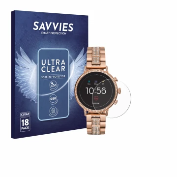 Parte frontale di una confezione del prodotto con il logo del marchio Savvies. Accanto è raffigurato il dispositivo Fossil Q V