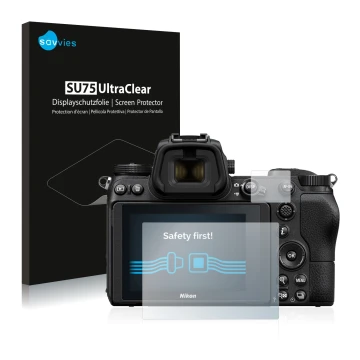 Parte frontale di una confezione del prodotto con il logo del marchio Savvies. Accanto è raffigurato il dispositivo Nikon Z 6 