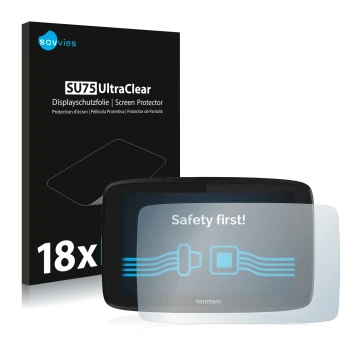 Parte frontale di una confezione del prodotto con il logo del marchio Savvies. Accanto è raffigurato il dispositivo TomTom GO 