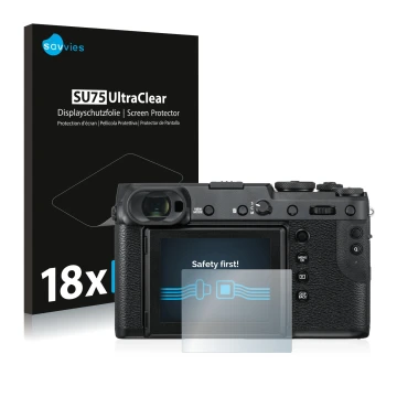 Parte frontale di una confezione del prodotto con il logo del marchio Savvies. Accanto è raffigurato il dispositivo Fujifilm G