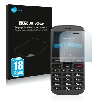 Parte frontale di una confezione del prodotto con il logo del marchio Savvies. Accanto è raffigurato il dispositivo Doro 1370 