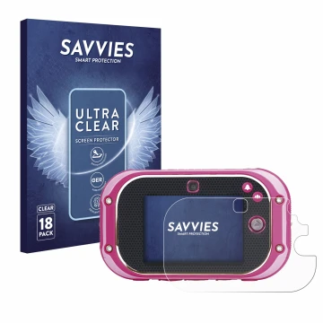 Parte frontale di una confezione del prodotto con il logo del marchio Savvies. Accanto è raffigurato il dispositivo Vtech Kidi