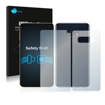 Parte frontale di una confezione del prodotto con il logo del marchio Savvies. Accanto è raffigurato il dispositivo Samsung Ga