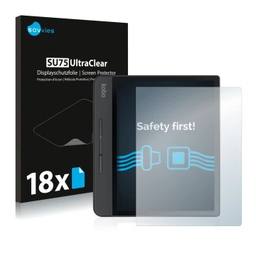 Parte frontale di una confezione del prodotto con il logo del marchio Savvies. Accanto è raffigurato il dispositivo Kobo Forma