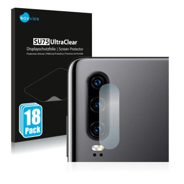 Parte frontale di una confezione del prodotto con il logo del marchio Savvies. Accanto è raffigurato il dispositivo Huawei P30