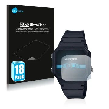 Parte frontale di una confezione del prodotto con il logo del marchio Savvies. Accanto è raffigurato il dispositivo Casio Unis