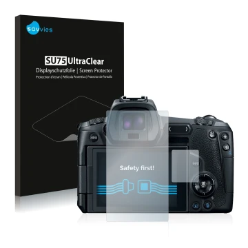 Parte frontale di una confezione del prodotto con il logo del marchio Savvies. Accanto è raffigurato il dispositivo Canon EOS 