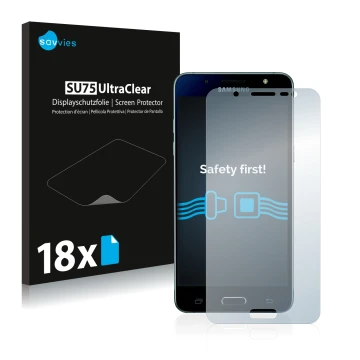 Parte frontale di una confezione del prodotto con il logo del marchio Savvies. Accanto è raffigurato il dispositivo Samsung Ga