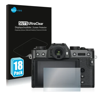 Parte frontale di una confezione del prodotto con il logo del marchio Savvies. Accanto è raffigurato il dispositivo Fujifilm X