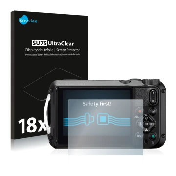 Parte frontale di una confezione del prodotto con il logo del marchio Savvies. Accanto è raffigurato il dispositivo Ricoh WG-6