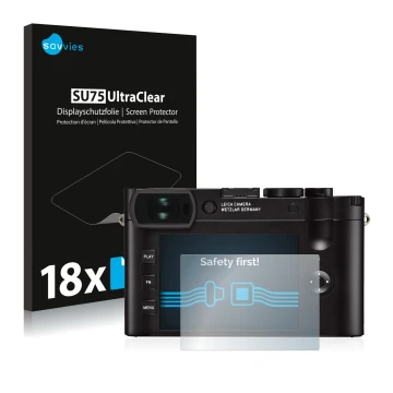 Parte frontale di una confezione del prodotto con il logo del marchio Savvies. Accanto è raffigurato il dispositivo Leica Q2 c