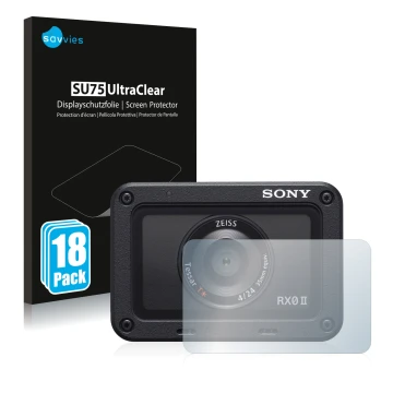 Parte frontale di una confezione del prodotto con il logo del marchio Savvies. Accanto è raffigurato il dispositivo Sony DSC-R