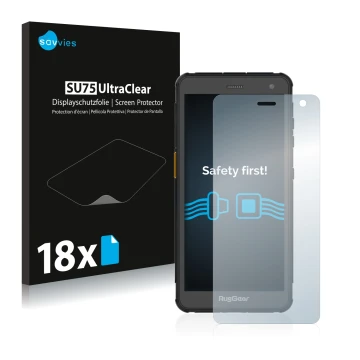 Parte frontale di una confezione del prodotto con il logo del marchio Savvies. Accanto è raffigurato il dispositivo RugGear RG