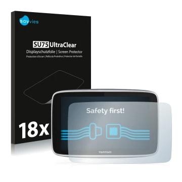 Parte frontale di una confezione del prodotto con il logo del marchio Savvies. Accanto è raffigurato il dispositivo TomTom GO 