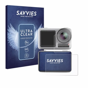 Parte frontale di una confezione del prodotto con il logo del marchio Savvies. Accanto è raffigurato il dispositivo DJI Osmo A
