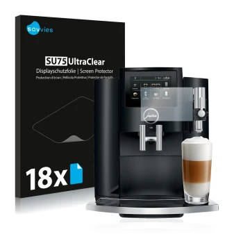 Parte frontale di una confezione del prodotto con il logo del marchio Savvies. Accanto è raffigurato il dispositivo Jura S8 co